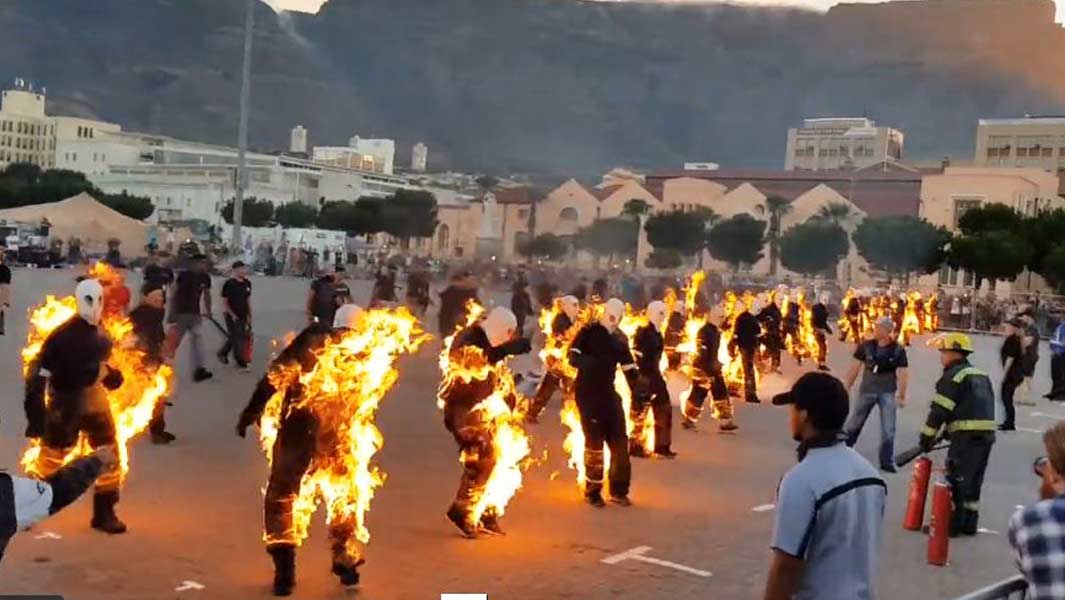 They’re on fire! 32 movie stuntmen set themselves alight for terrifying record