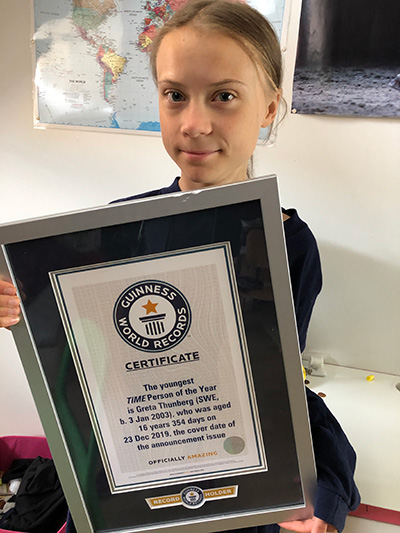 Greta with her official Guinness World Records certificate