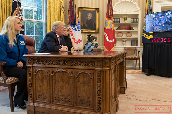 Then President Donald Trump congratulates Peggy Whitson on setting a record for longest cumulative space time for a US astronaut in Apr 2017