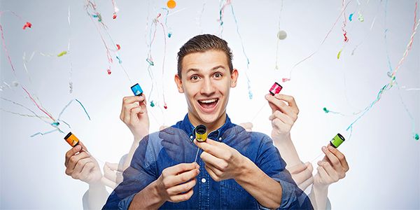 Male person pulling a festive cracker as part of an online video relay