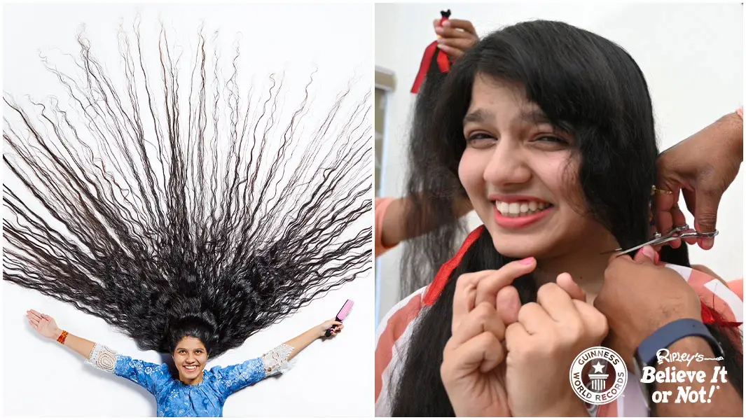 split image of nilanshi with longest hair and just before having it cut