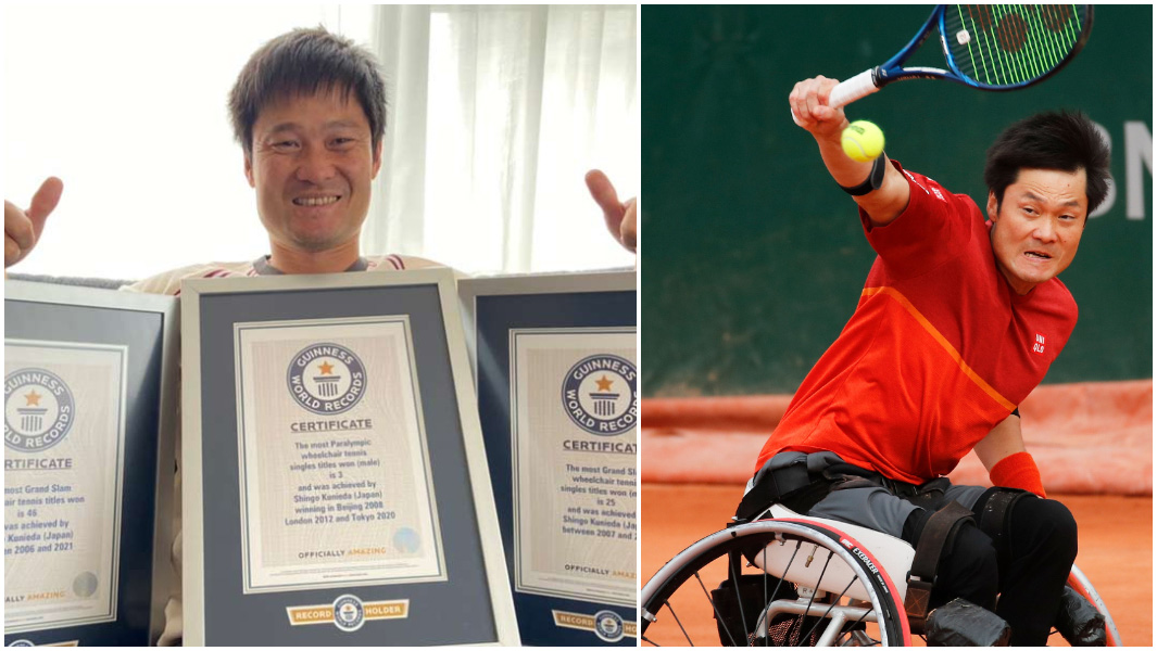 split image of Shingo Kunieda with his certificates and playing wheelchair tennis