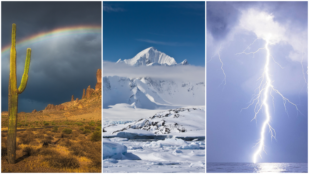 split image sonoran desert antarctica catatumbo lightning