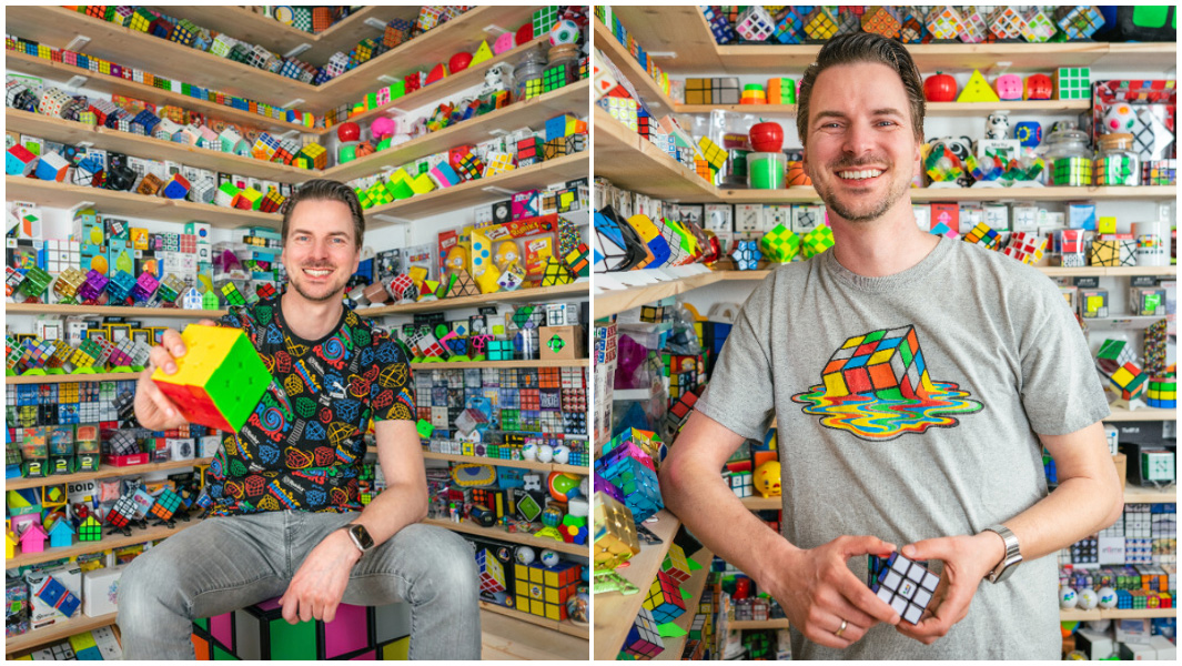 Florian smiling with his collection and showing cube
