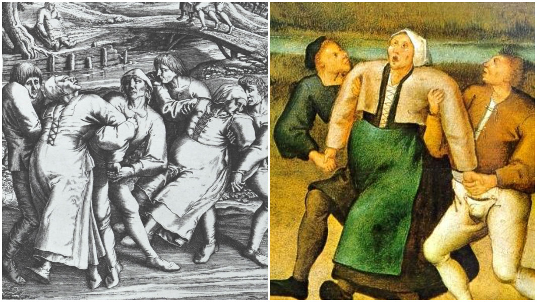 split image of an engraving of dancing mania and of a painting of a woman suffering dancing mania