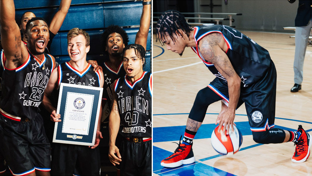 Harlem globetrotters celebrating and rock wham middleton dribbling
