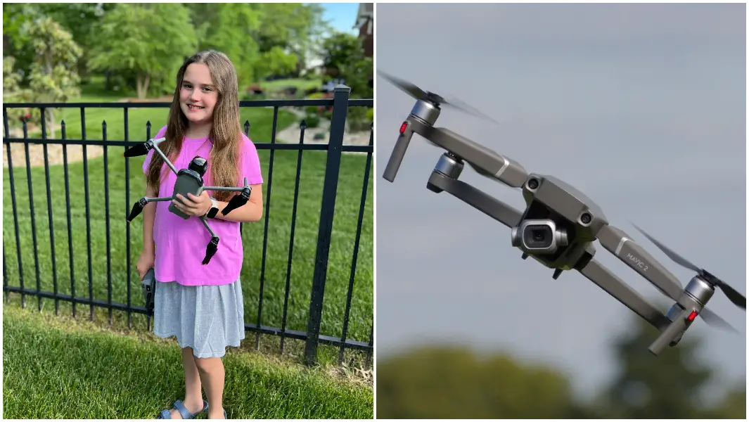 split image louisa holding drone and drone close up