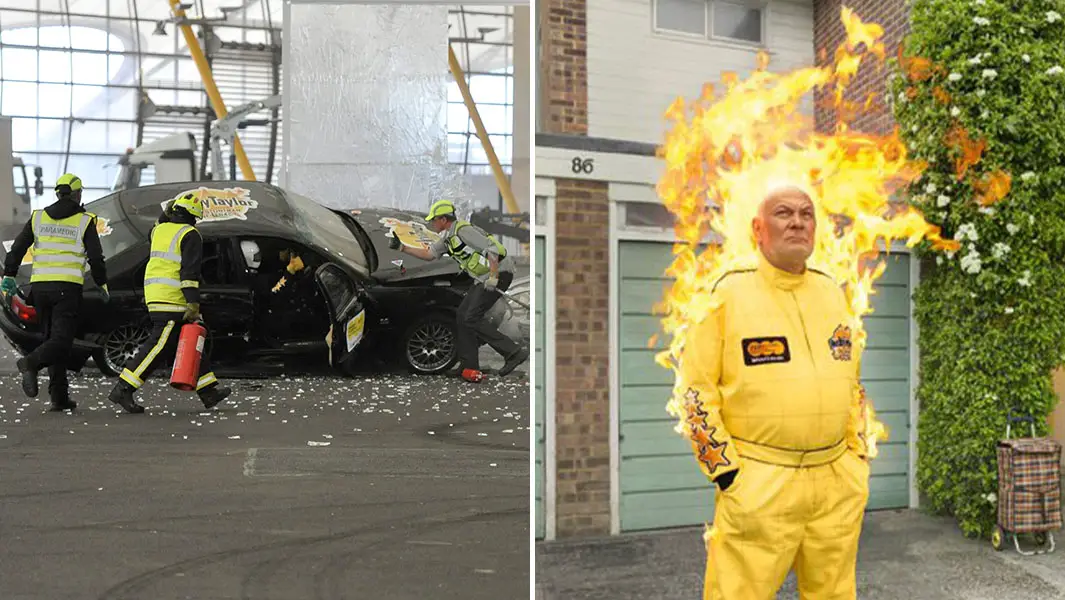 rocky taylor split image car crash and on fire