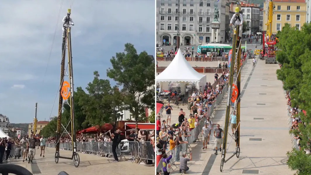 split image of tallest bicycle