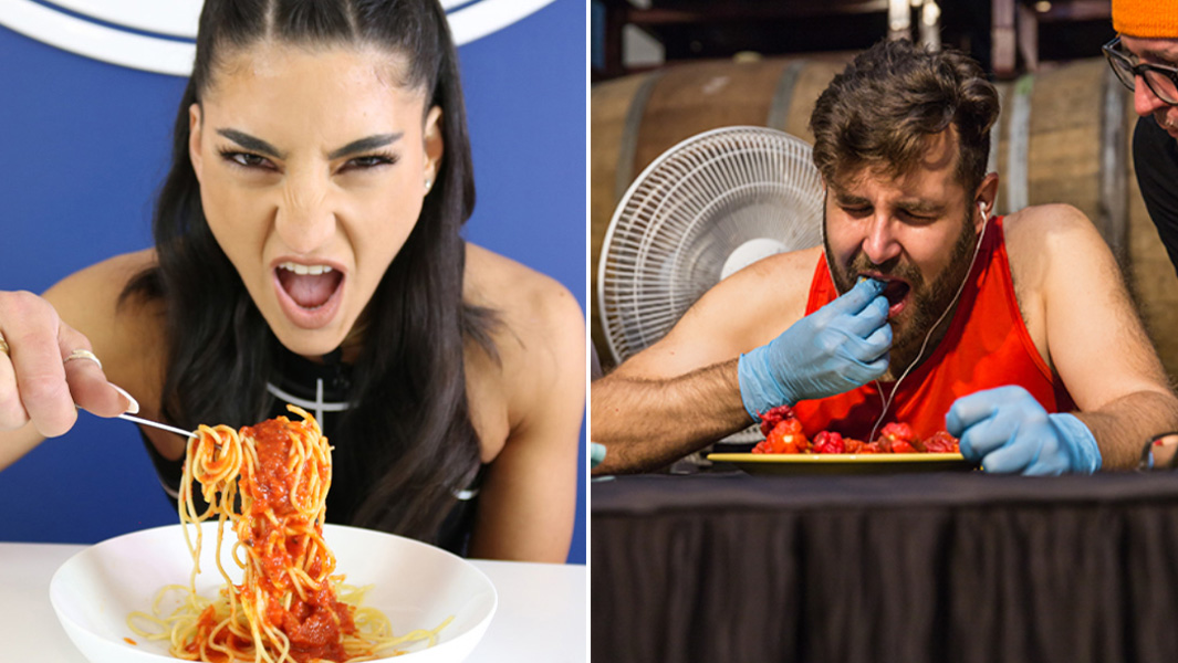 leah shutkever and mike jack eating split image