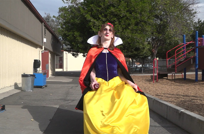 Rumeysa heading into a school for a visit