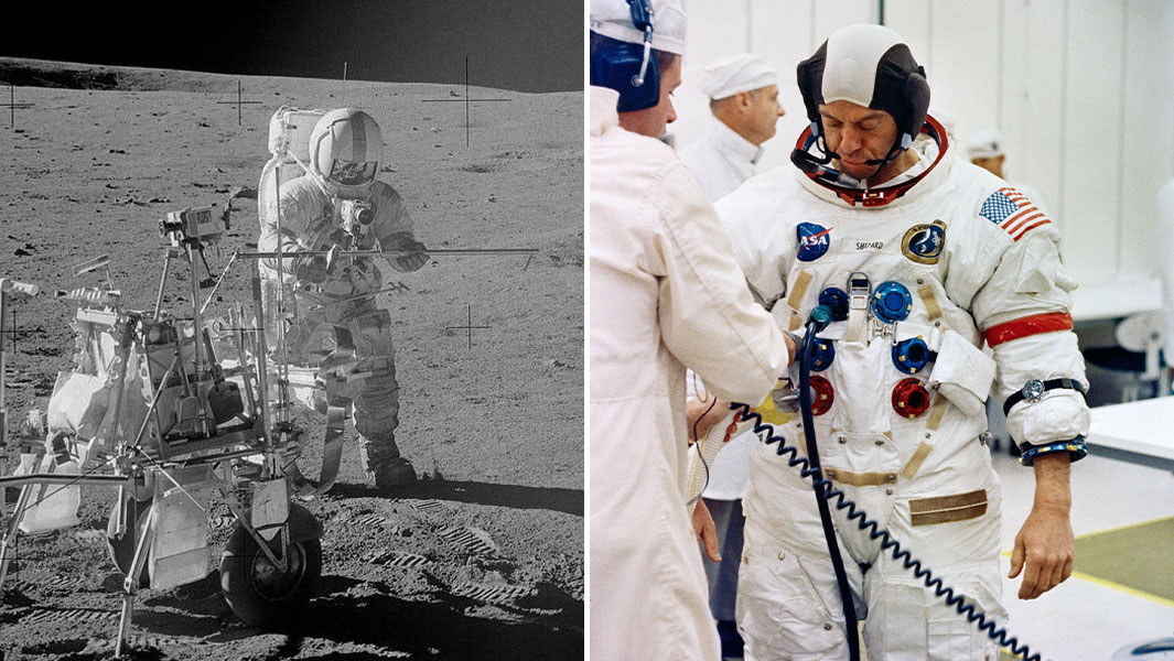 Split image of Alan Shepard on the moon and being suited up