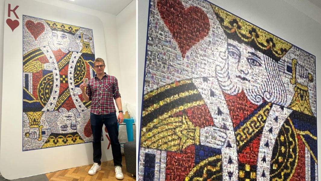 split image of Rob Hallifax standng in front of the largest playing card and a close up of it
