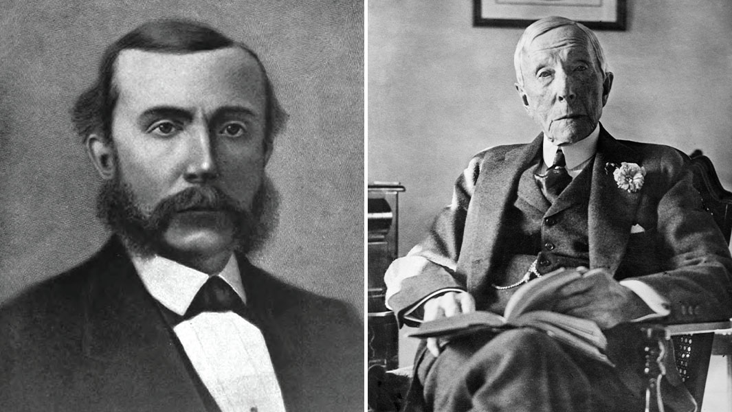 Split image of Rockefeller as a younger man and later in life