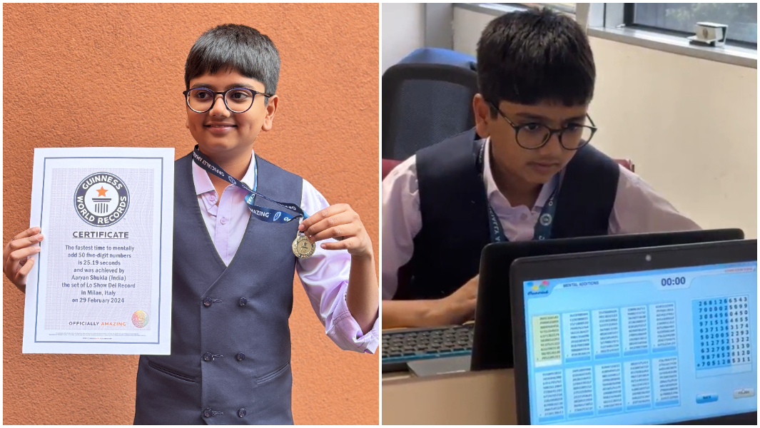 split image aaryan holding certificate and medal and doing calculations in front of computer