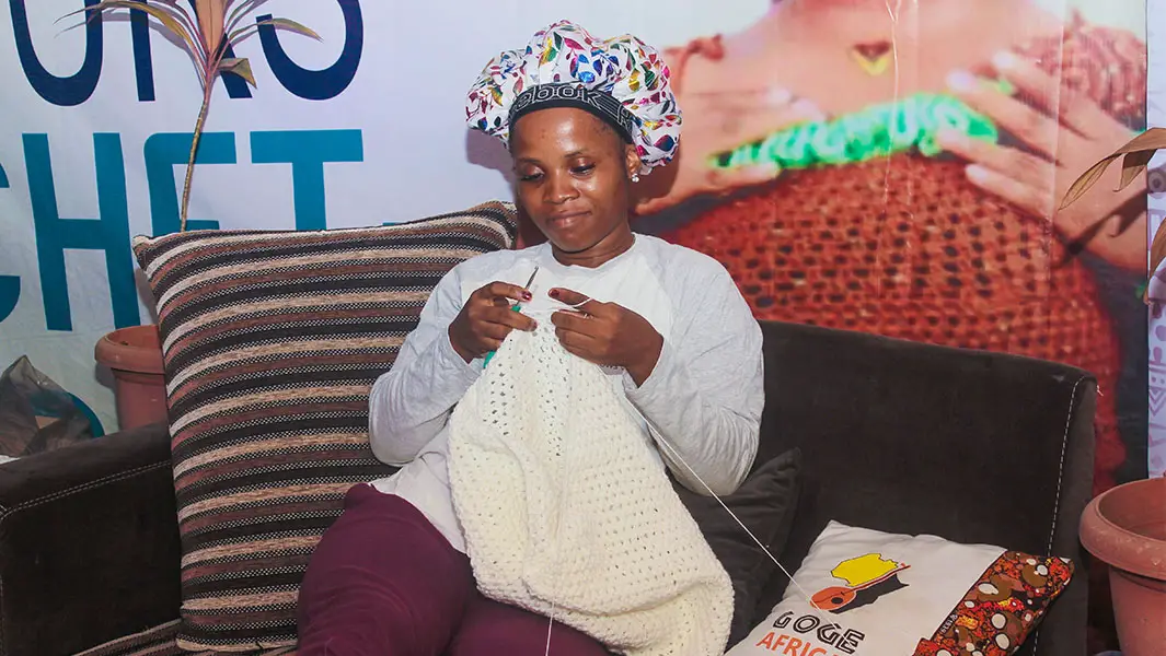 Split image of Chidinma crocheting and wearing her crocheted dress