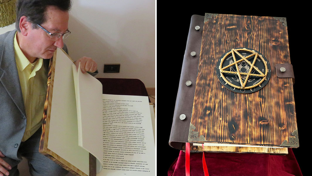 split image of Michele Santelia and his book