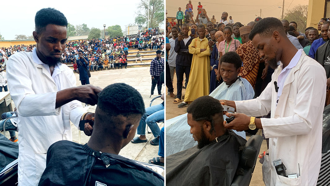 split image of Owoyemi cutting hair