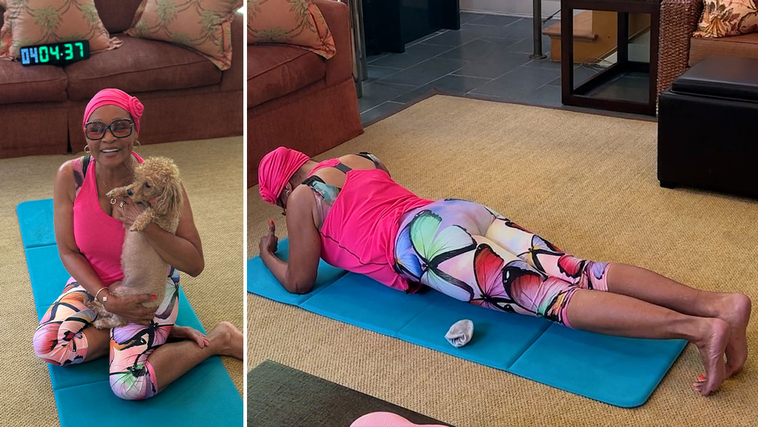 Split image of Annie posing and planking
