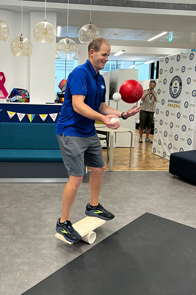 David juggling with a bowling ball