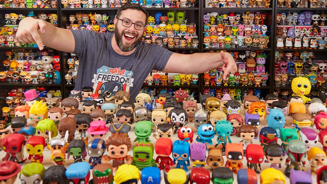 Collector Paul Scardino with some of his Funko Pops! collection
