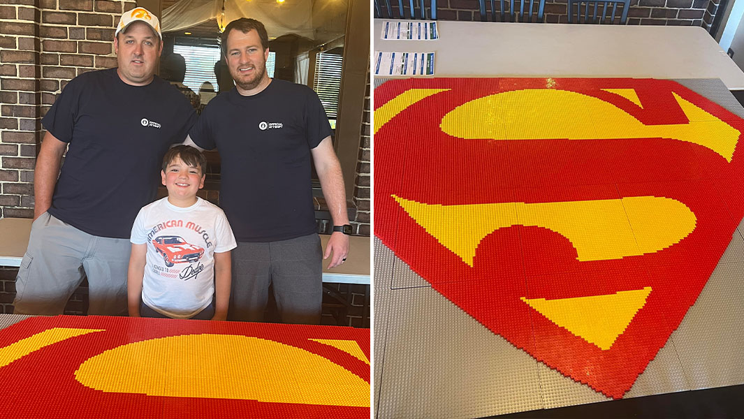 split image of lego superman symbol