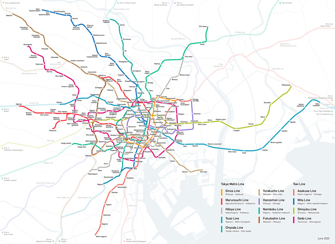 Tokyo subway linemap by Yveltal, CC BY-SA 4.0 <https://creativecommons.org/licenses/by-sa/4.0>, via Wikimedia Commons