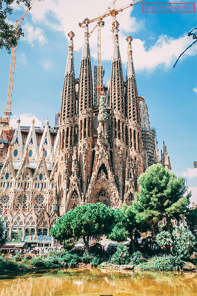 La Sagrada Familia pictured from behind with trees