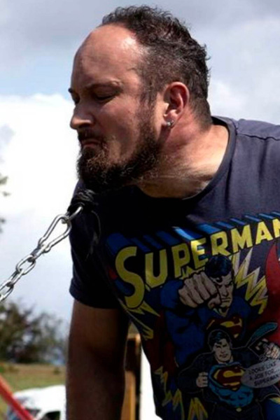 Leonardo restraining a motorcycle with his beard