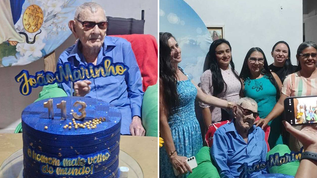 split image of Joao with his cake and posing with loved ones