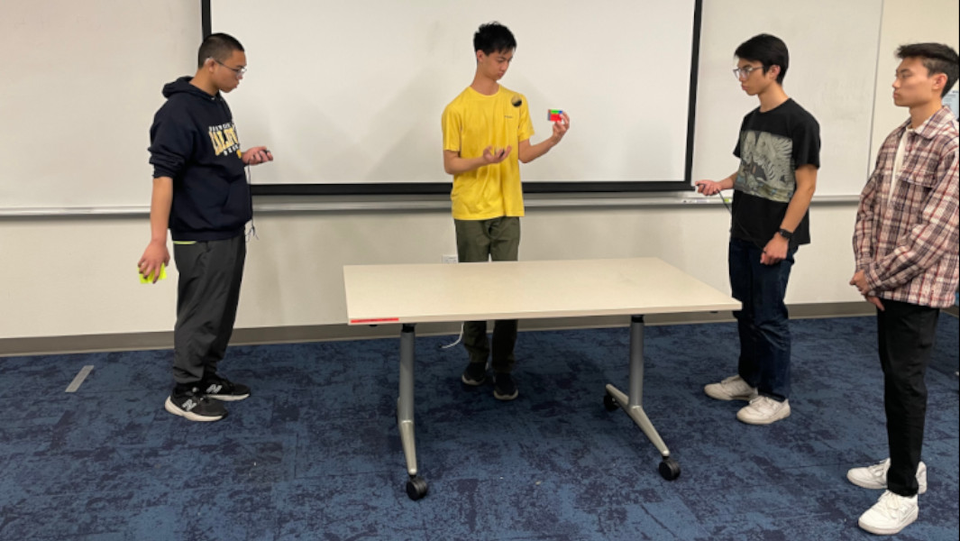 Split image of Ethan cubing upside down and while juggling