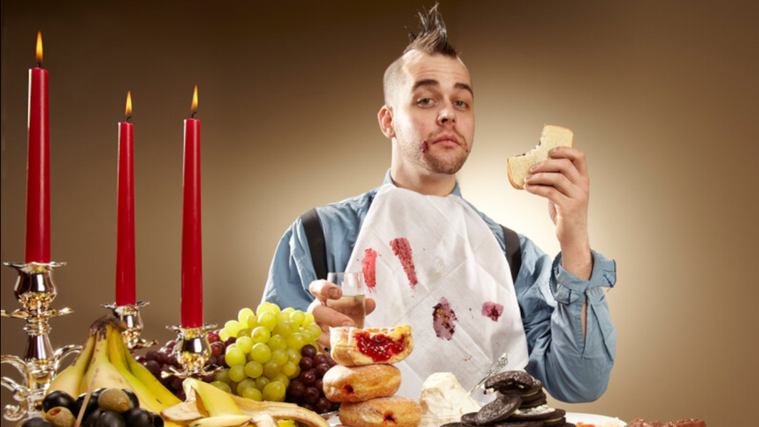 Split header of competitive eaters having PBnJ and peanut butter