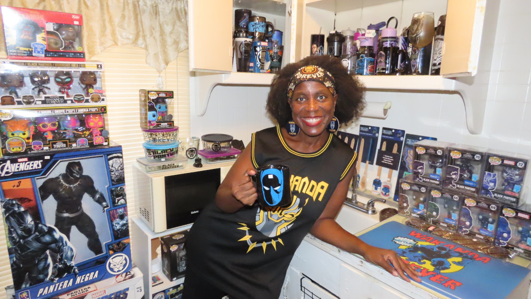Split image of Tyesha and her comics and in her Black Panther themed kitchen