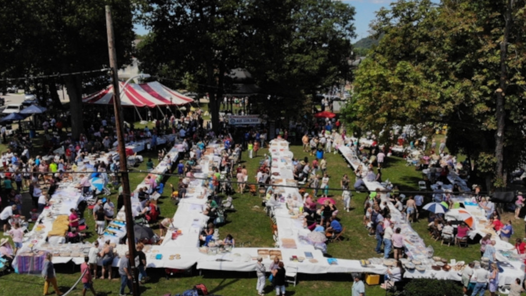 Tables set up in a park and covered in cookies