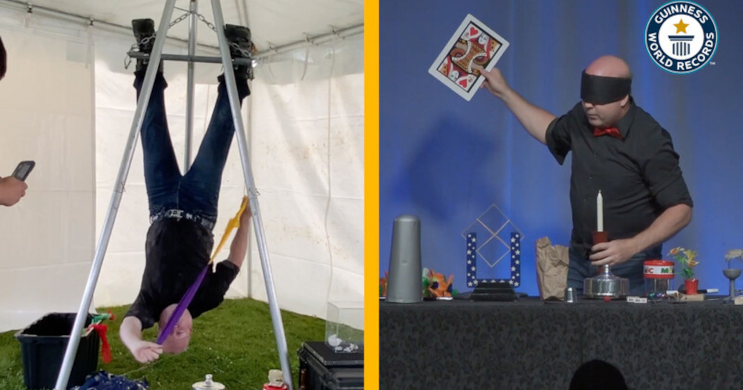 Split screen picture of Ian Stewart working on his blindfold and upside down record.