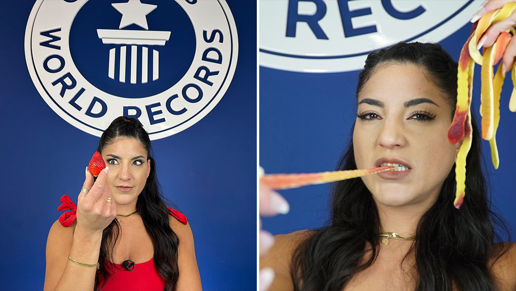 Split image of Leah Shutkever holding a strawberry and jelly snaked
