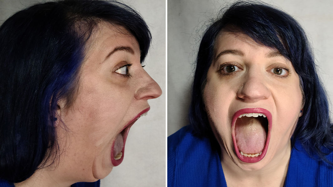 Split image of Marie with her mouth open