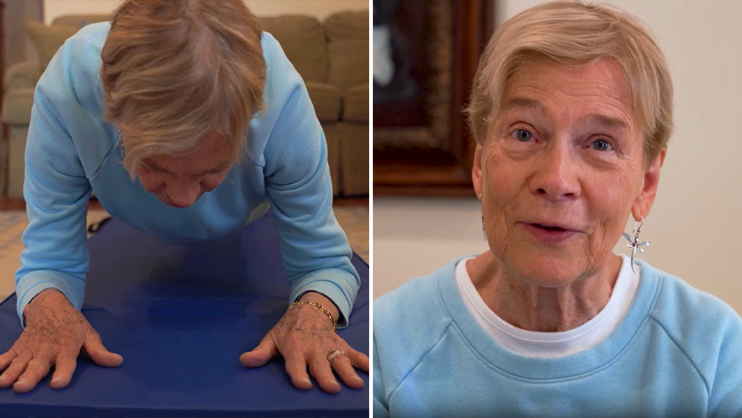 Split image of Sarah holding a plank and talking to the camera