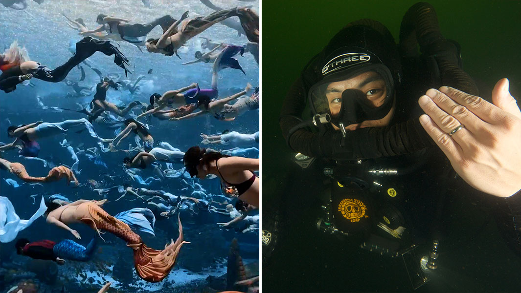 Split image of underwater records being broken