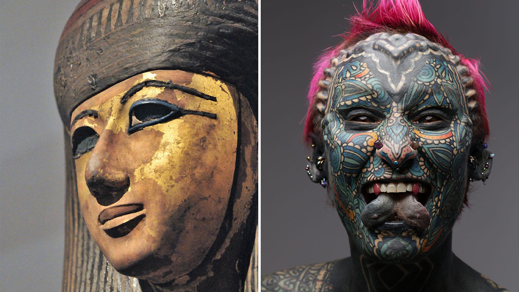 Split image of an ancient Egyptian sarcophagus and Esperance Fuerzina