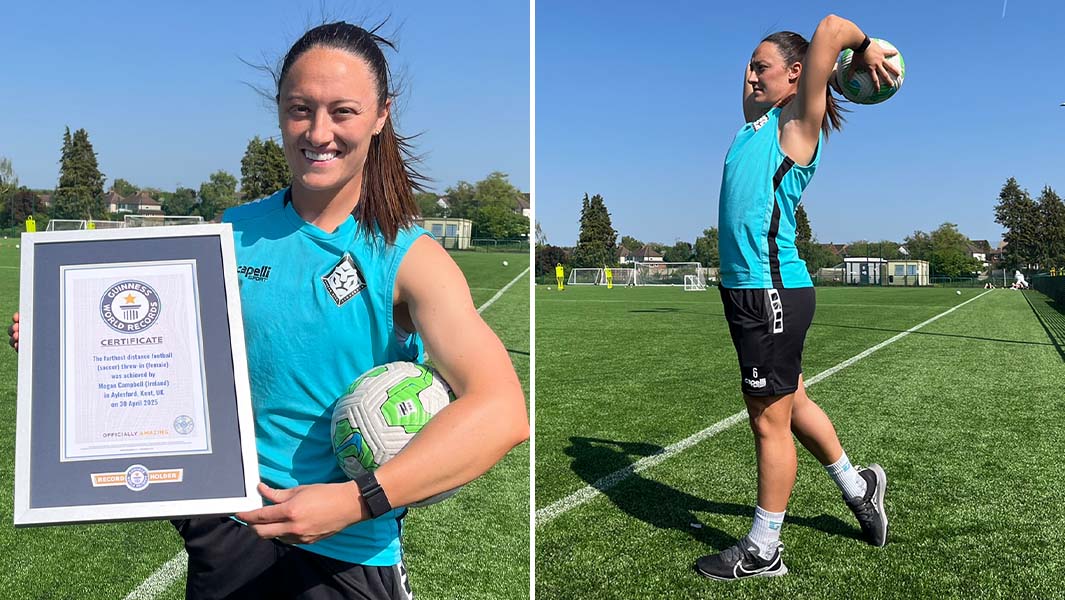 Split image of Megan Campbell with her certificate and doing a throw-in