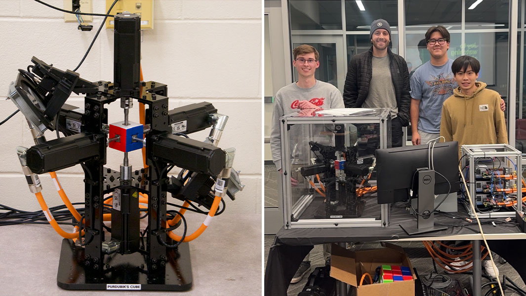 Split image of the puzzle cube robot and team who built it
