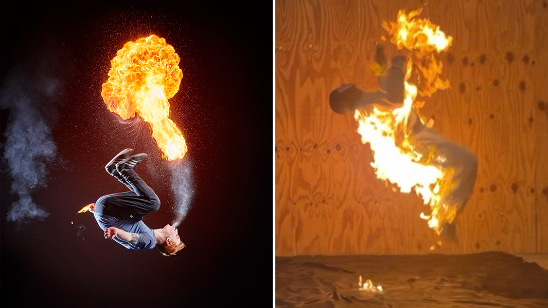 Split header of Ryan Luney back flipping while breathing fire and on fire