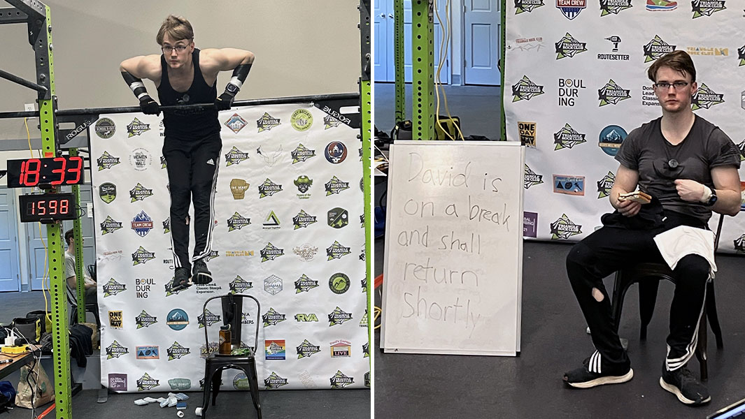 Split image of David doing muscle ups
