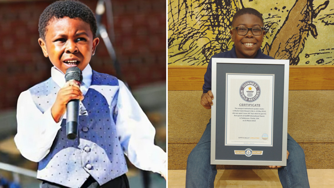Split image Caleb giving speech and holding certificate