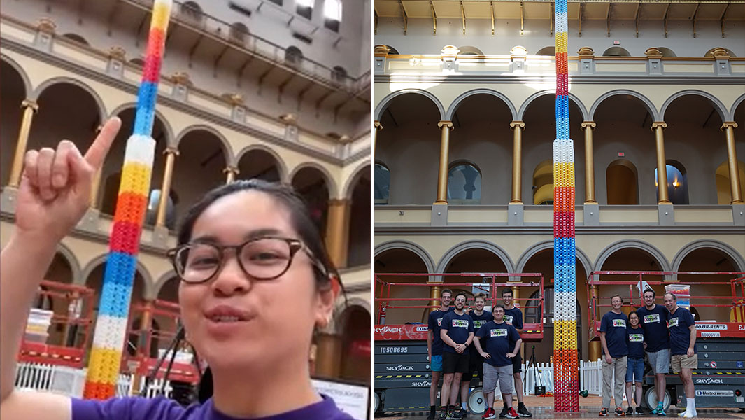 split image of Lily Hevesh and the whole team posing with the domino structure