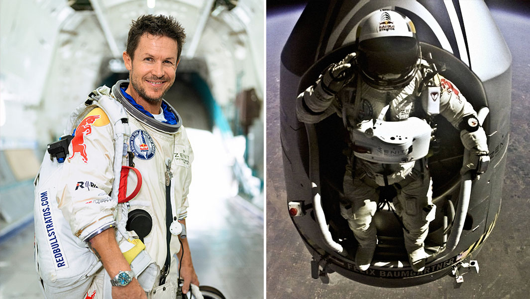 split image of Felix about to do his record jump and in an astronaut suit