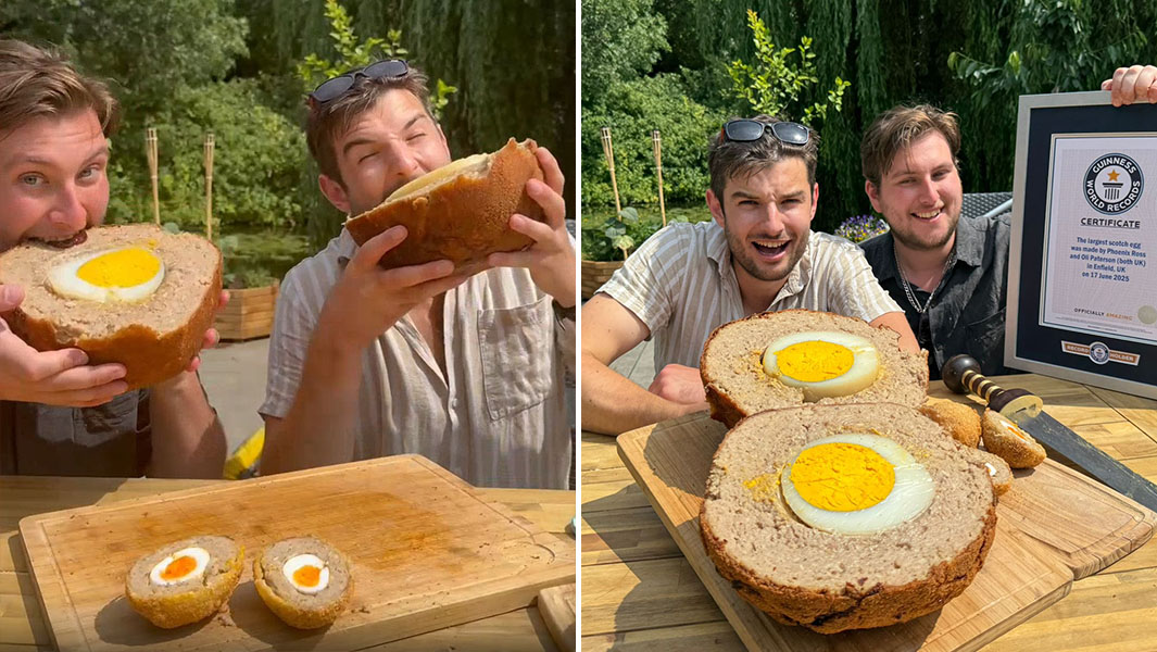 split image of Oli and Phoenix biting into the largest scotch egg and posing with it and their GWR certificate