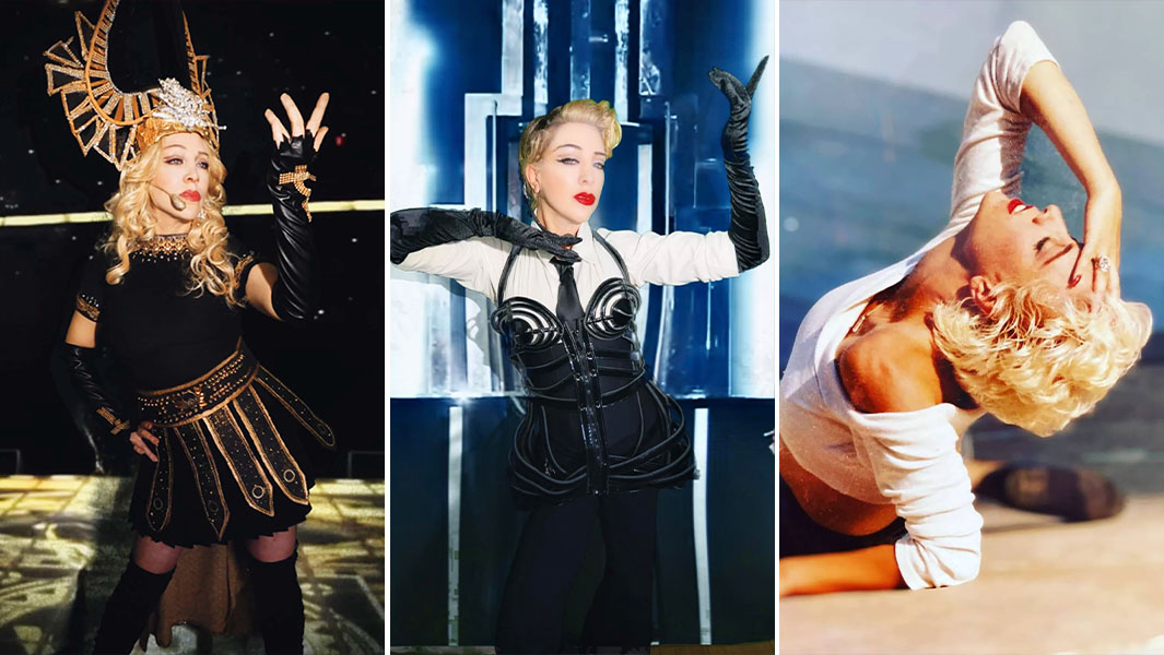 split image of Bella as Madonna in three different looks