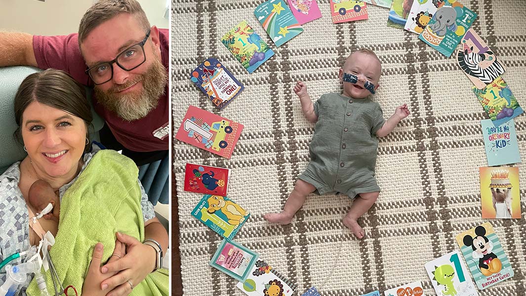 Nash Keen, the most premature baby, at three weeks with mom and at first birthday surrounded by birthday cards